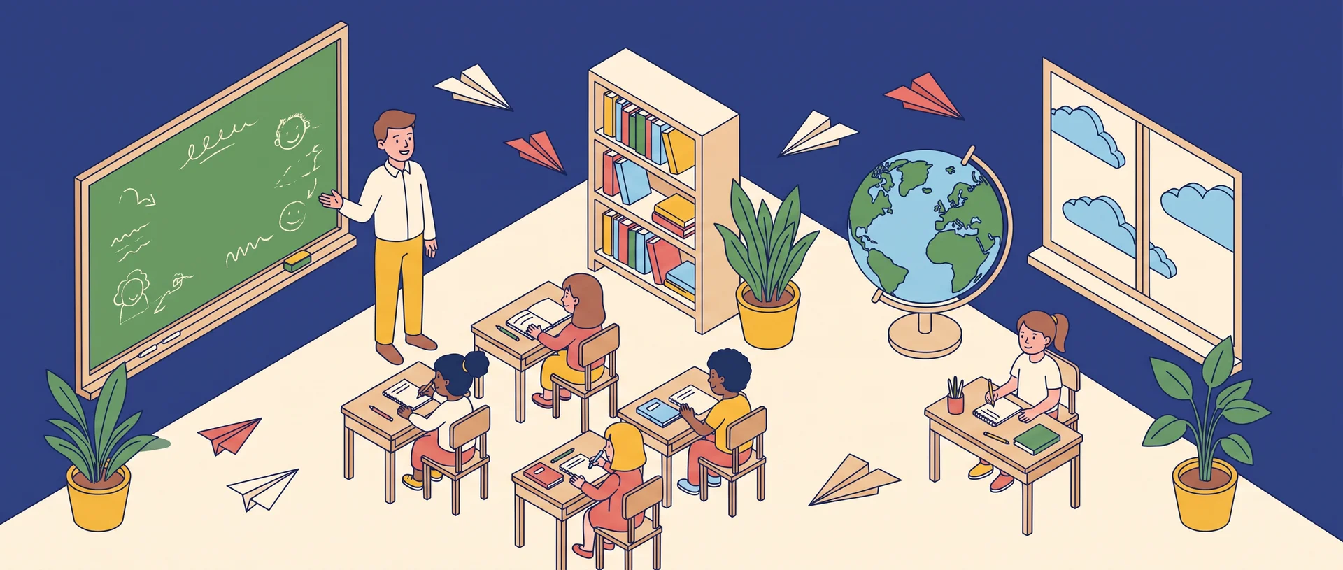 Ilustración de un salón de clases con una maestra frente al pizarrón verde
